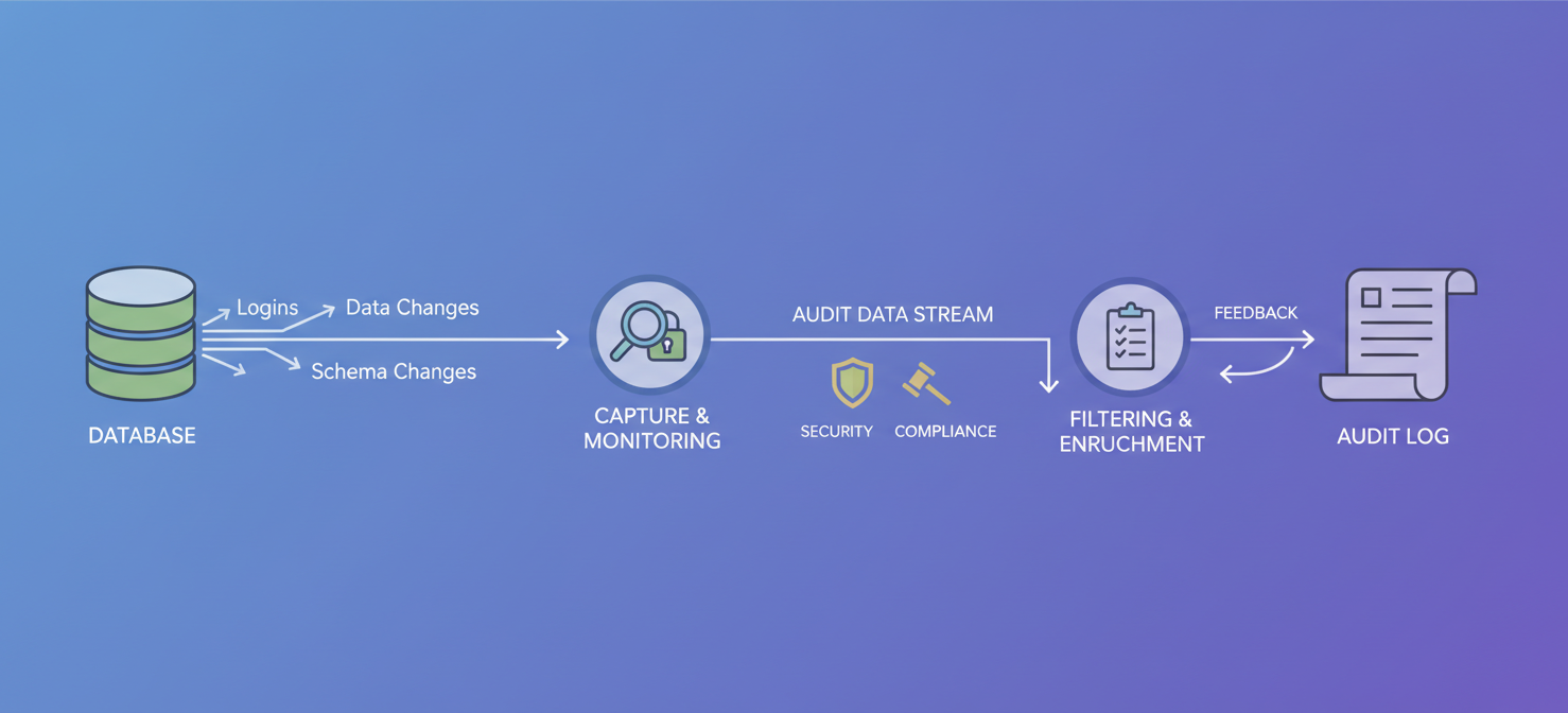 A conceptual diagram illustrating how Azure SQL Auditing works, showing various database activities like user logins, data modifications, and schema changes being captured and recorded into a centralized audit log for security and compliance purposes.