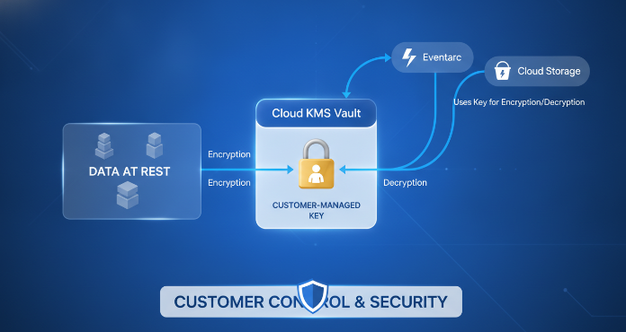 A conceptual diagram illustrating how CMEK encryption provides enhanced security and control for data at rest in Google Cloud. It shows data being encrypted by a customer-managed key stored securely in Cloud KMS, with services like Eventarc interacting with KMS for cryptographic operations. This visual emphasizes the customer's direct ownership over their encryption keys, ensuring compliance and data sovereignty.