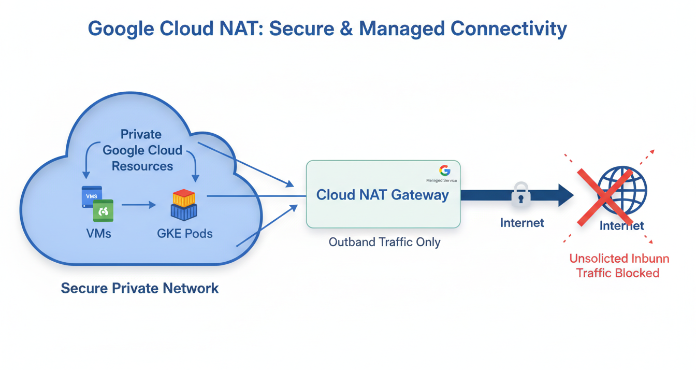 A conceptual diagram illustrating how Google Cloud NAT provides secure outbound internet access for private Google Cloud resources. Private VMs and GKE clusters within a VPC network connect through a central Google Cloud NAT gateway, which translates private IPs to public IPs for external communication. This setup ensures that only outbound-initiated traffic is allowed, significantly enhancing security by preventing unsolicited inbound connections from the internet.