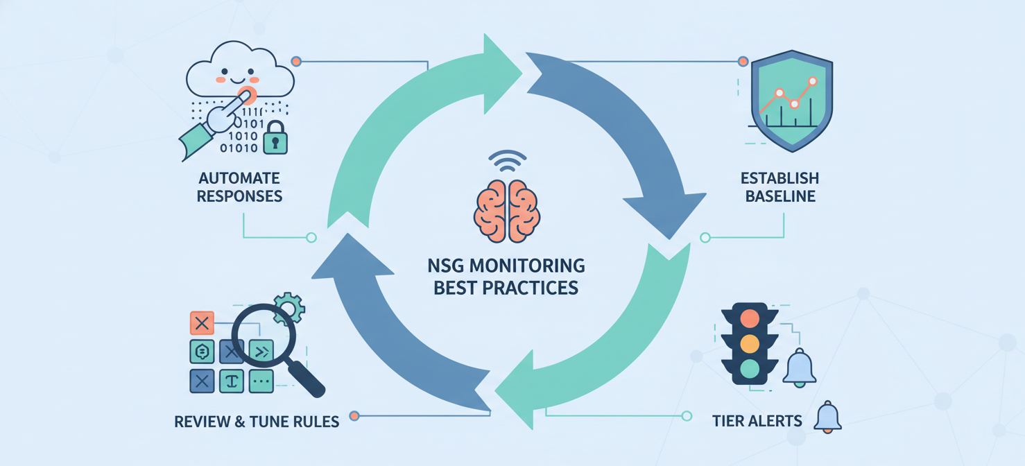 A conceptual diagram illustrating the best practices for effective NSG monitoring and alerting. It presents a continuous cycle encompassing four key stages: 'Establish Baseline' to understand normal traffic, 'Tier Alerts' for severity classification, 'Regularly Review and Tune Rules' to adapt to changes, and 'Automate Responses' for efficient incident handling, emphasizing a proactive security posture.