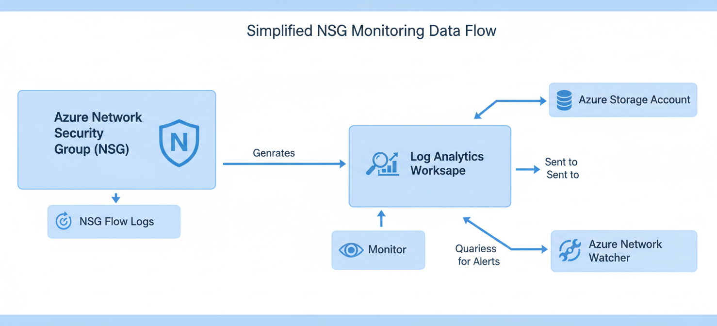 A conceptual diagram illustrating the core components of Azure NSG monitoring. It shows NSG Flow Logs being generated from an NSG, then directed to both Azure Storage and Log Analytics. Azure Monitor is depicted querying Log Analytics for metrics and logs, while Azure Network Watcher provides diagnostic capabilities, all working together to provide comprehensive network visibility.