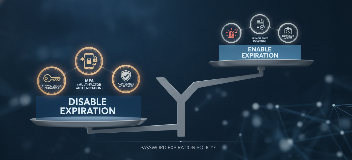 A conceptual diagram illustrating the decision-making process for password expiration policies. It highlights that while disabling mandatory expiration is generally recommended for stronger security, specific situations like suspected breaches, compliance needs, or temporary access may still warrant its use.