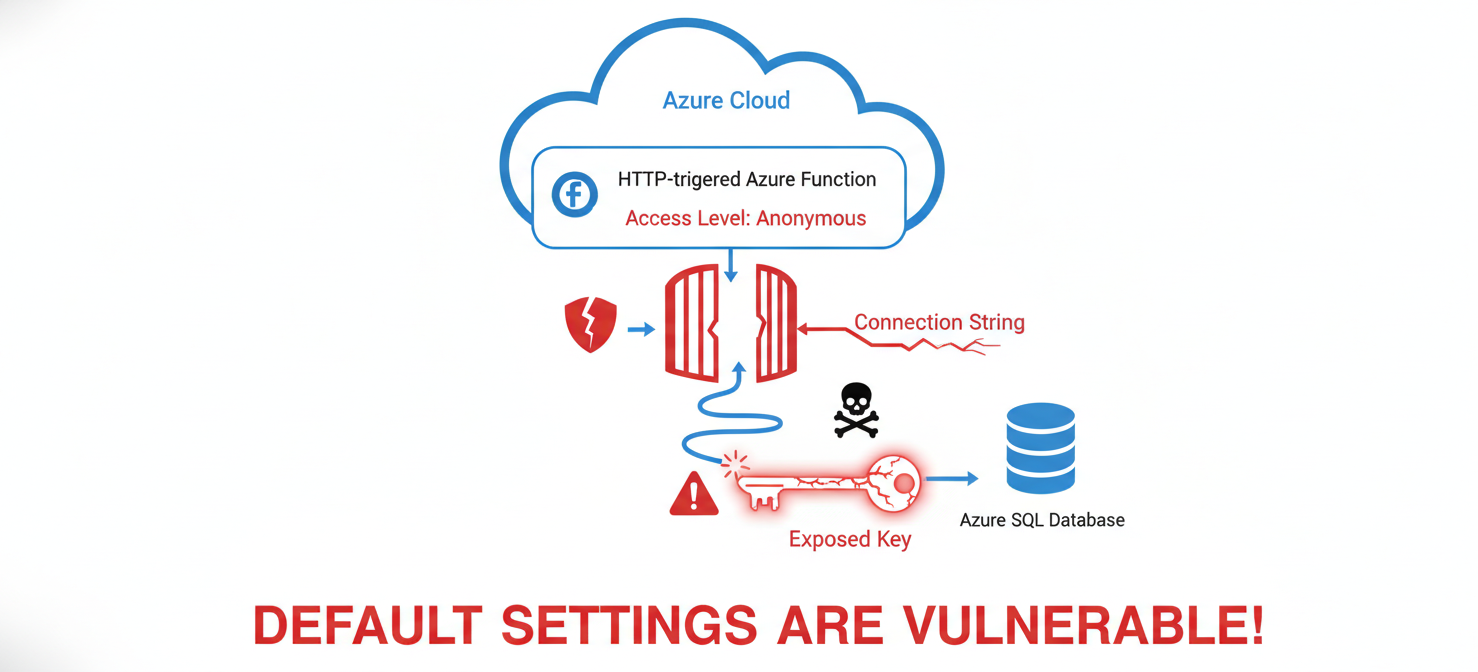 A conceptual diagram illustrating the default security context of an Azure Function, showing an HTTP-triggered function with anonymous access and a database connection secured by a vulnerable connection string, highlighting potential security risks.