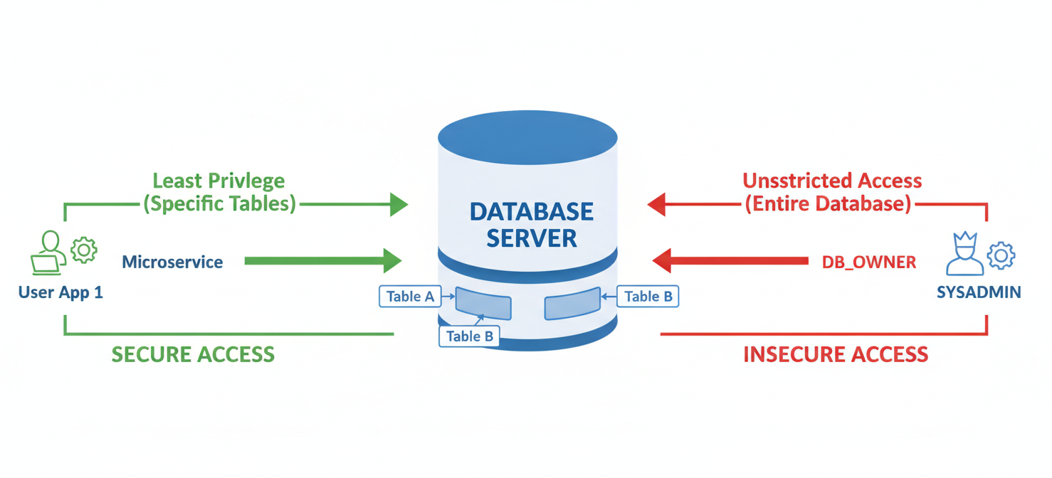 A conceptual diagram illustrating the difference between least privilege and unrestricted access in an MS SQL Server environment. Green arrows show limited, specific access to database components, while thick red arrows depict broad, administrative access, highlighting the dangers of excessive permissions.