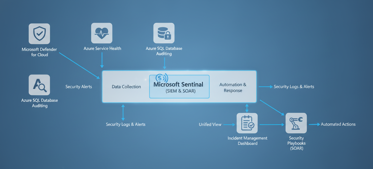 A conceptual diagram illustrating the flow of security alerts from various Azure sources, including Microsoft Defender for Cloud and Azure Service Health, consolidating into Microsoft Sentinel for unified management and analysis, highlighting the central role of Sentinel.