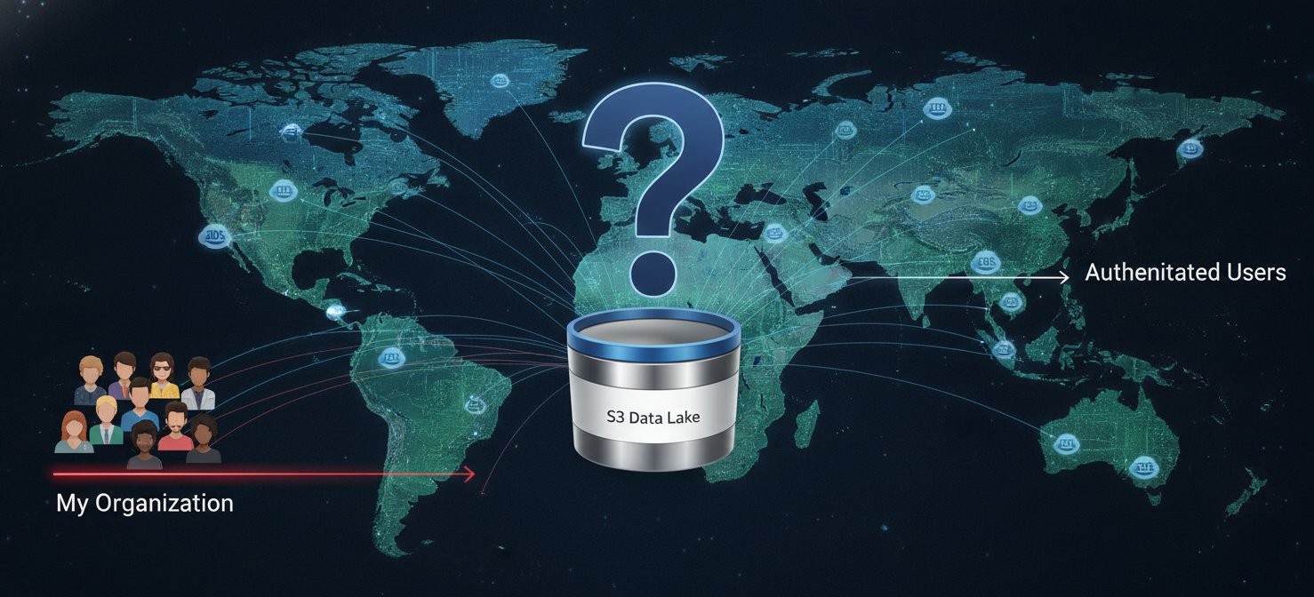 A conceptual diagram illustrating the global scope of the 'Authenticated Users' group in AWS S3. It shows that this group includes any valid AWS account worldwide, not just users within a specific organization, emphasizing the broad reach of permissions granted to it.