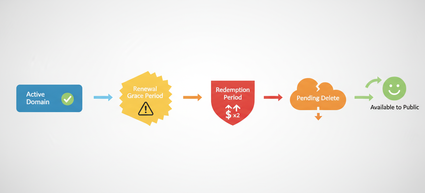 A conceptual diagram illustrating the multi-stage lifecycle of a domain after expiration, showing the progression from active, to grace period, redemption period, and finally becoming publicly available, highlighting increasing costs and risks at each stage.