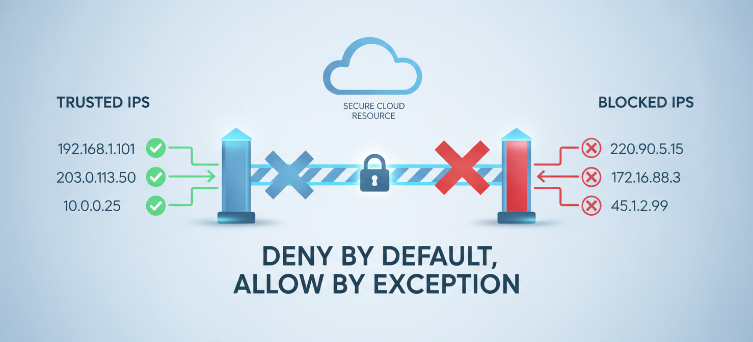 A conceptual diagram illustrating the principle of IP safelisting, also known as allowlisting. On the left, a list of 'Trusted IPs' with green checkmarks are shown gaining access to a cloud resource. On the right, a 'Blocked IPs' list with red X marks are explicitly denied entry by a digital barrier, emphasizing the 'deny by default' security model.