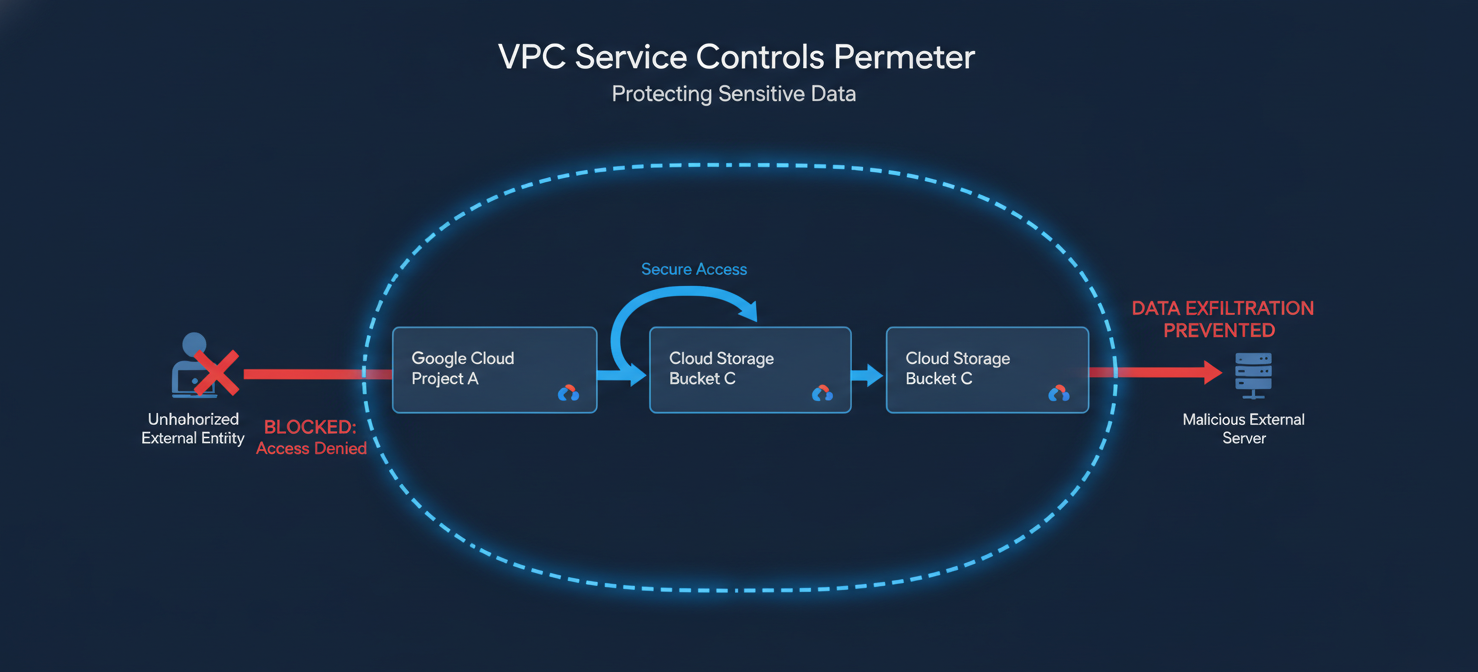 A conceptual diagram illustrating VPC Service Controls, depicting a secure perimeter around Google Cloud projects and Cloud Storage buckets. It shows how the perimeter acts as a virtual fence, preventing unauthorized access and data exfiltration from outside the defined network boundary, even with valid credentials.