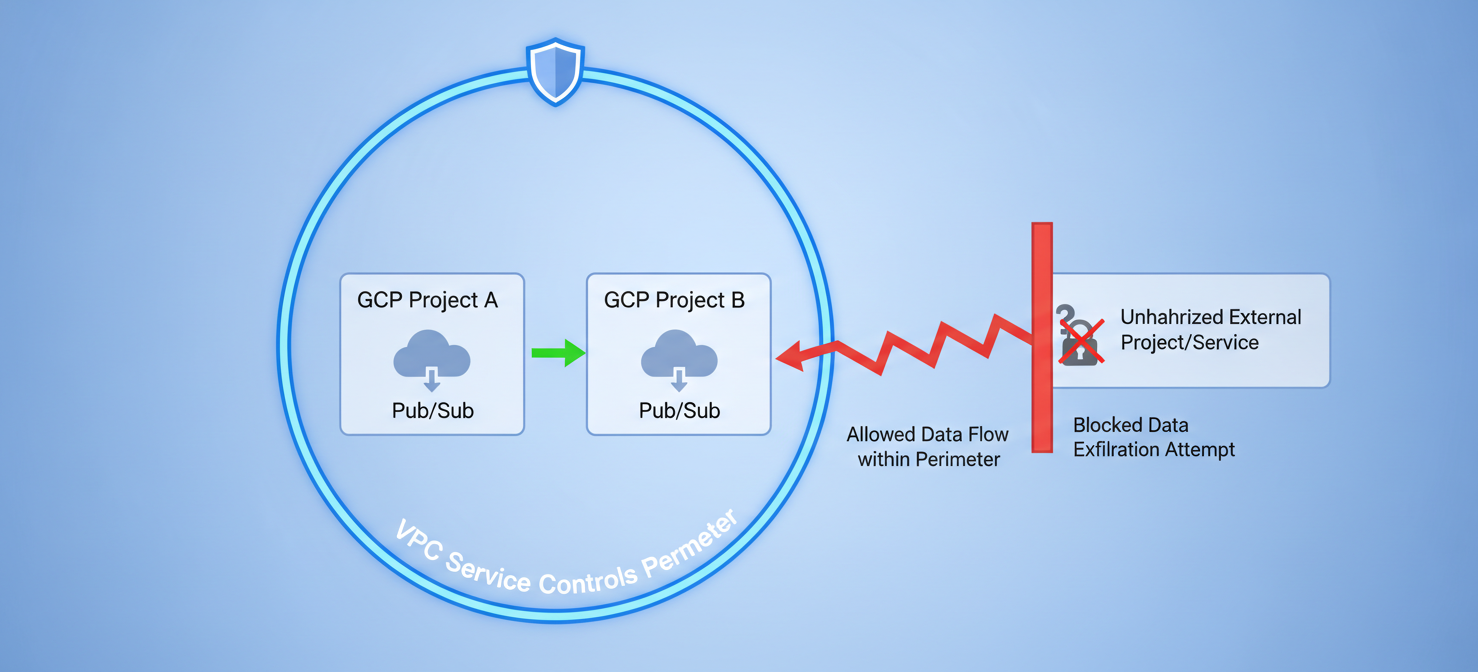 A conceptual diagram illustrating VPC Service Controls. Two Google Cloud projects, Project A and Project B, are shown securely enclosed within a service perimeter. Pub/Sub communication is permitted within this boundary, but attempts to send data to unauthorized external projects or services outside the perimeter are explicitly blocked, demonstrating defense against data exfiltration.