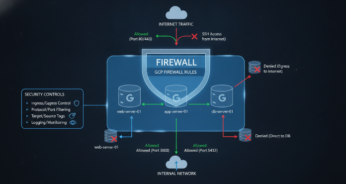 A conceptual diagram showing how GCP firewall rules control network traffic to and from virtual machines within a Google Cloud VPC network, illustrating both allowed and denied ingress and egress connections to secure cloud resources.