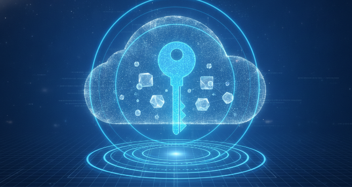 A conceptual illustration demonstrating azure cmk encryption for AI services. A digital key, representing customer-managed keys, securely wraps around abstract data nodes within a stylized Azure cloud, symbolizing enhanced data protection and control over sensitive AI model data.