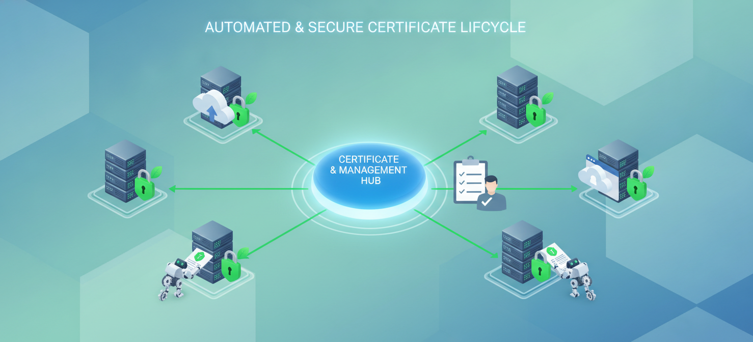 A conceptual illustration demonstrating best practices for certificate lifecycle management, featuring a centralized inventory hub connected to multiple secure servers, with elements representing automation and clear ownership for efficient certificate handling.