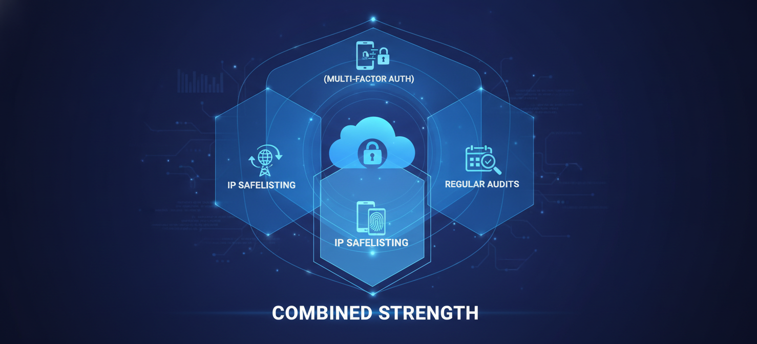 A conceptual illustration demonstrating best practices for layered security in cloud access. Multiple concentric shields protect a central cloud resource, with each layer representing a different security control. These layers include IP safelisting, multi-factor authentication (MFA), and regular security audits, emphasizing a robust, defense-in-depth strategy.