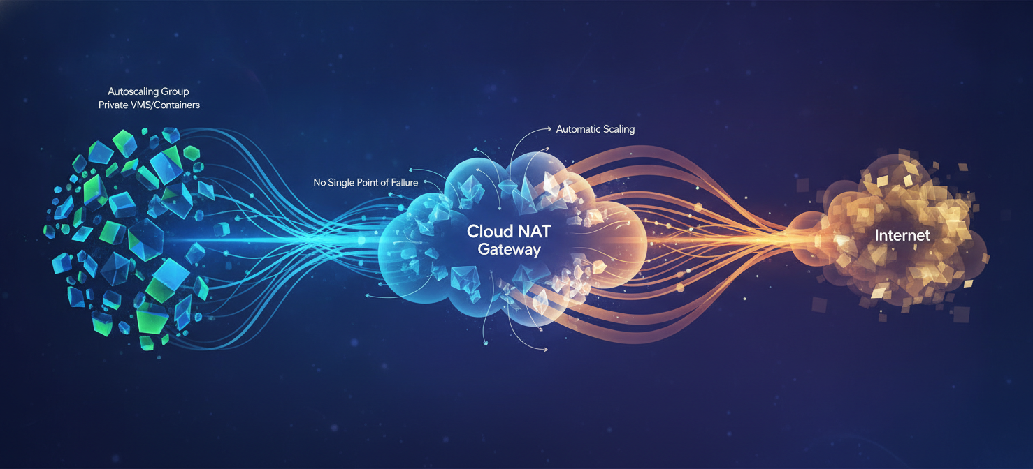 A conceptual illustration demonstrating the scalability and performance of Google Cloud NAT. It depicts a dynamically scaling group of private cloud resources seamlessly connecting through a distributed and elastic Cloud NAT gateway to the internet, emphasizing its ability to handle high traffic volumes without becoming a performance bottleneck or a single point of failure.