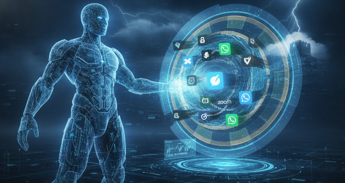 A conceptual illustration depicting a digital guardian figure, symbolizing robust security, standing before a swirling cloud of diverse, unsanctioned cloud application icons. The guardian projects a multi-layered shield, representing cloud MFA enforcement, which securely wraps and protects these applications, transforming shadow IT risks into controlled, visible assets. The image highlights the critical role of multi-factor authentication in safeguarding enterprise data across all cloud services.