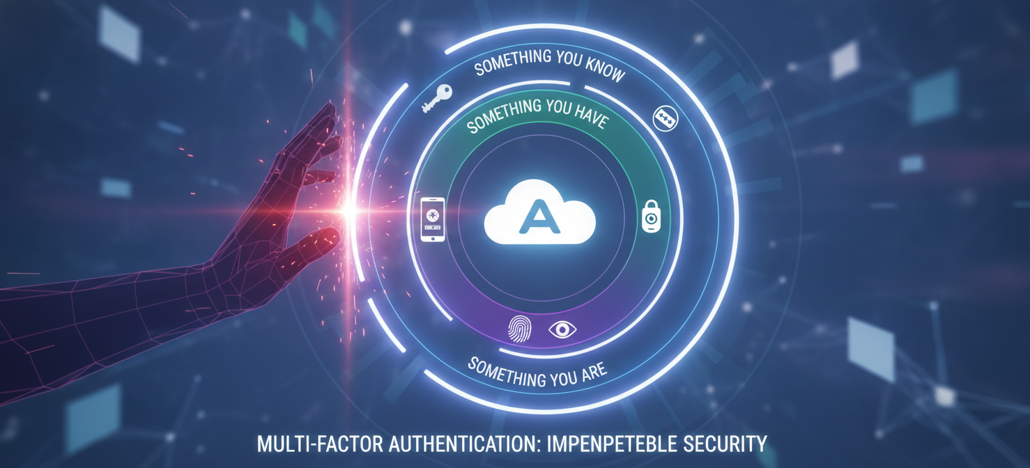 A conceptual illustration depicting a multi-layered digital lock, symbolizing multi-factor authentication, securely protecting a generic cloud application icon. An attacker's hand is shown being decisively blocked by these multiple security layers, unable to gain unauthorized access. This image visually explains how MFA prevents account compromise, secures sensitive data on both sanctioned and unsanctioned platforms, and mitigates password-related risks in cloud environments.