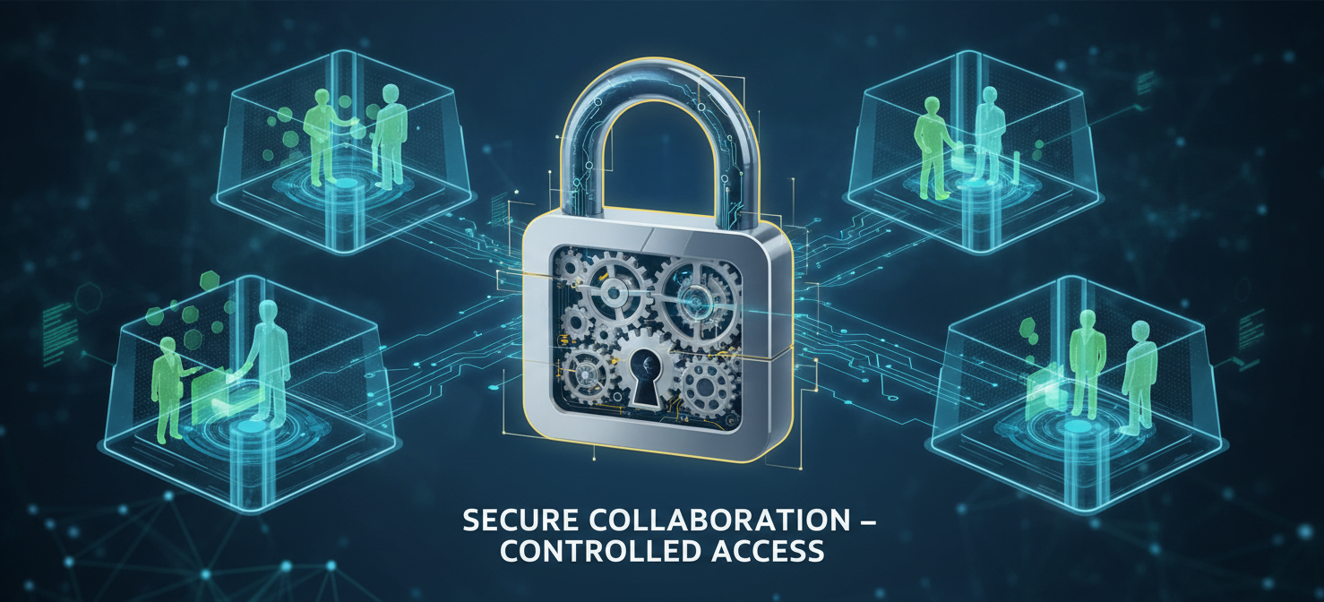 A conceptual illustration depicting a strong digital lock with intricate gears, symbolizing the importance of well-configured security settings for external collaboration. Around the lock, abstract figures represent external partners interacting with resources within secure, controlled boundaries, emphasizing the balance of access and protection.