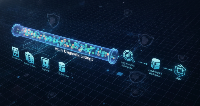 A conceptual illustration depicting the flow of data through Azure Diagnostic Settings. Various Azure resources, such as virtual machines, storage accounts, and databases, are shown on the left, funneling their logs and metrics into a central pipeline labeled 'Azure Diagnostic Settings'. This pipeline then branches out to different destinations on the right, including a Log Analytics workspace for analysis, an Azure Storage account for archival, and Azure Event Hubs for real-time streaming to external SIEM systems. The image emphasizes complete logging coverage and robust data management within the Azure cloud environment.