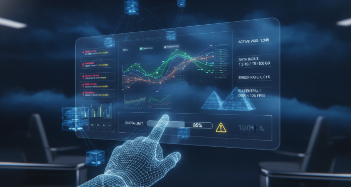 A conceptual illustration of a cloud operations dashboard, featuring real-time graphs of resource consumption against defined cloud service quotas and limits, with active alerts indicating approaching thresholds. A hand is shown interacting with a digital interface to adjust these limits, symbolizing proactive management and control over cloud resources.