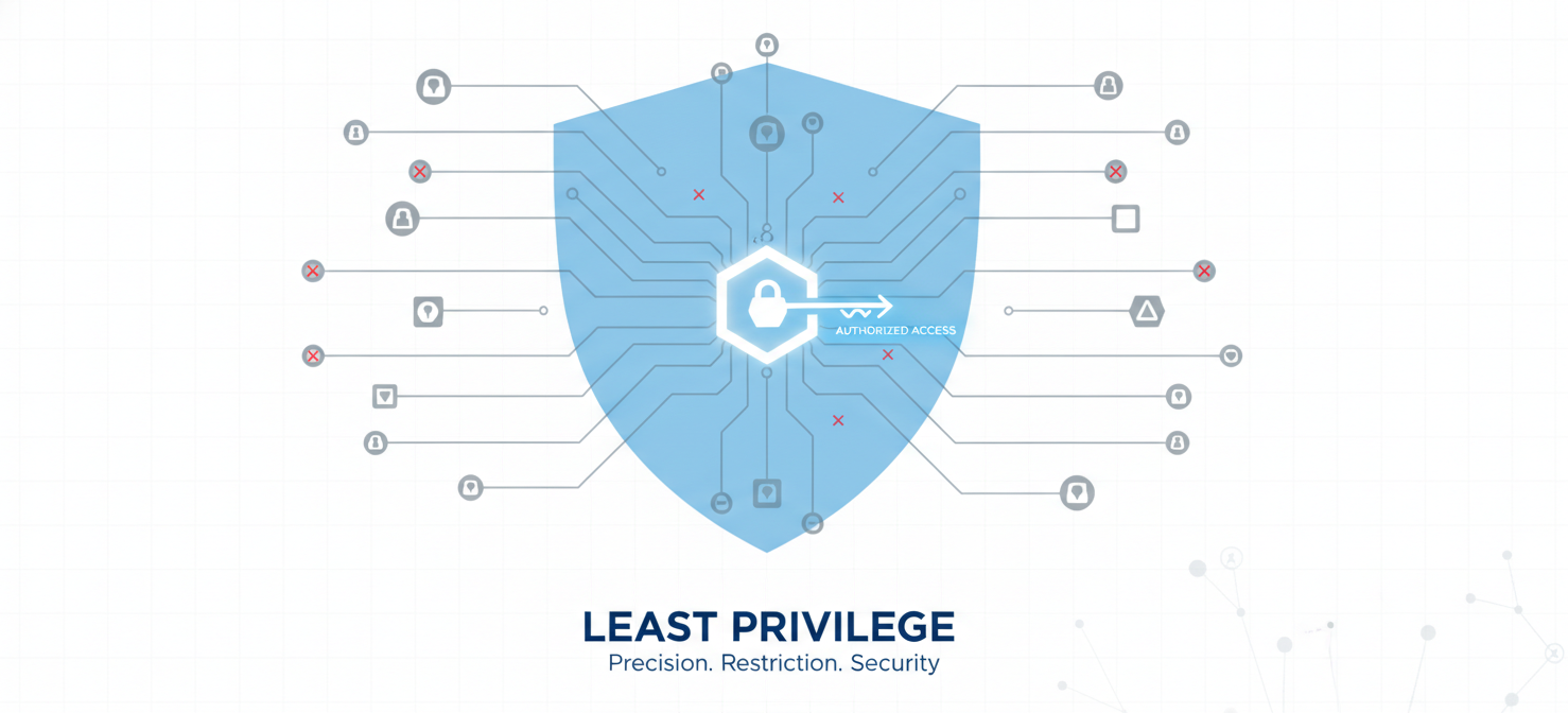 A conceptual illustration of the principle of least privilege, showing a single, precise key unlocking only one specific door among many, symbolizing granting only the minimum necessary permissions to perform a task.