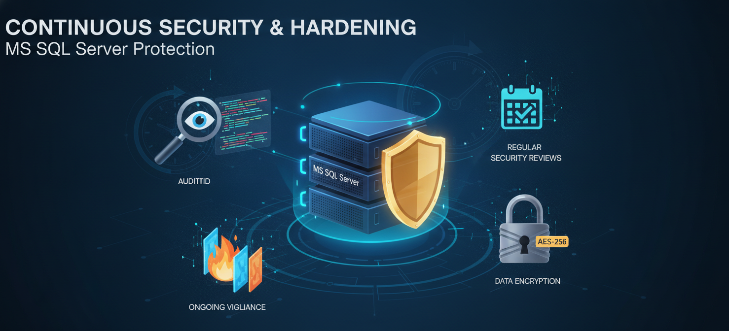 A conceptual illustration representing ongoing best practices for MS SQL Server security. It features a server rack protected by a shield, surrounded by icons for regular auditing, network firewalls, data encryption, and continuous software updates, symbolizing a proactive and layered security approach.