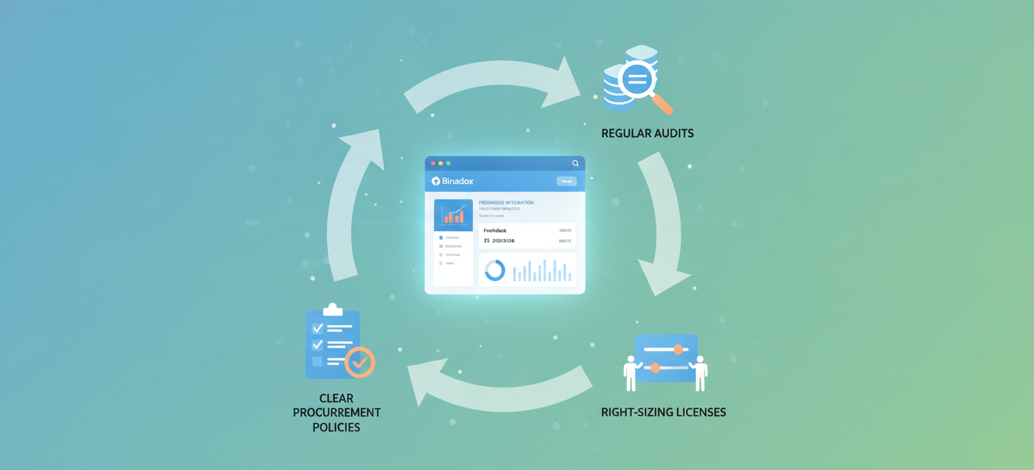 A conceptual illustration showing a continuous cycle of SaaS optimization, featuring a Binadox dashboard at its core, surrounded by icons representing regular audits, right-sizing license tiers, and establishing clear procurement policies for sustained cost management.