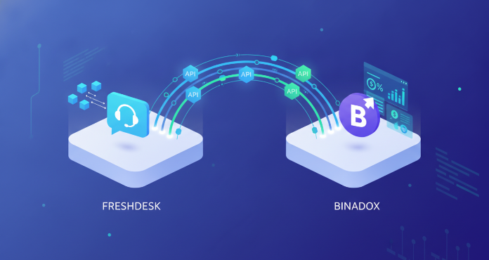 A conceptual illustration showing a secure digital bridge facilitating a freshdesk integration with a SaaS spend management platform. Data streams flow from a Freshdesk icon towards a Binadox dashboard, symbolizing efficient data exchange for cost optimization and visibility.