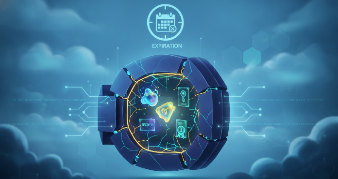 A conceptual illustration showing the secure management of digital assets like secrets, keys, and certificates within an Azure Key Vault. The image highlights the critical aspect of their lifecycle, with visual cues for time and expiration, emphasizing the importance of robust azure key vault expiration policies for cloud security and operational continuity.