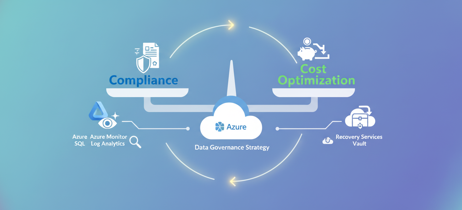 A concluding illustration emphasizing the balanced approach required for effective database log retention in Azure. It visually represents the interplay between compliance requirements, operational needs, and cost management, integrating key Azure services like SQL Database, Monitor, Log Analytics, and Recovery Services Vaults into a cohesive data governance strategy.