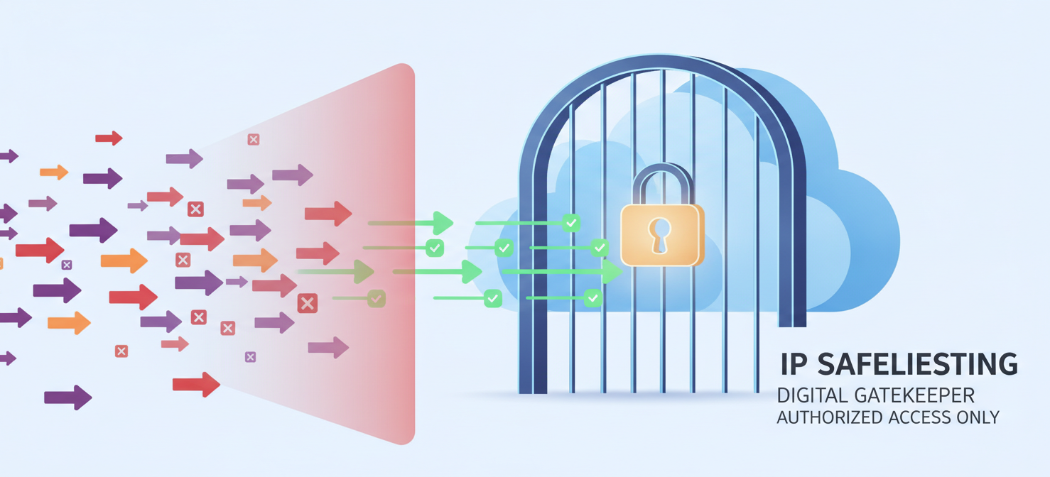 A concluding illustration that visually reinforces the concept of IP safelisting as an effective digital gatekeeper for cloud resources. A strong, secure digital gate with a prominent padlock allows only authorized, glowing green data packets to enter a cloud environment, while all other unauthorized packets are visibly blocked, symbolizing a default-deny security posture.