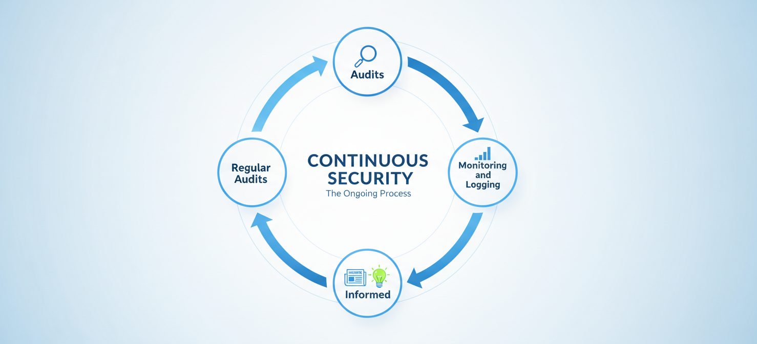 A cyclical diagram illustrating the continuous process of auditing and maintaining security policies. It shows steps for regular audits, monitoring and logging, and staying informed about new threats and updates, emphasizing an ongoing security posture.