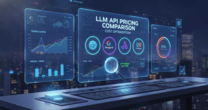 A detailed LLM API pricing comparison dashboard showing various large language model providers, their different model tiers, and associated input and output token costs. The visual emphasizes the complexity of managing and optimizing expenses for AI integrations, highlighting key metrics for cost control and efficiency.