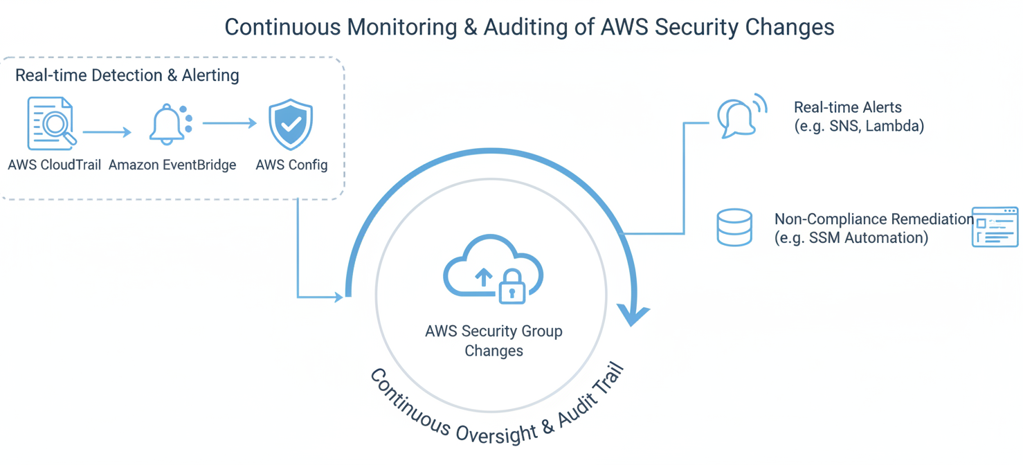 A diagram depicting the process of monitoring and auditing security groups using AWS services. It illustrates CloudTrail recording API calls, EventBridge triggering alerts for changes, and AWS Config continuously assessing compliance against defined policies.