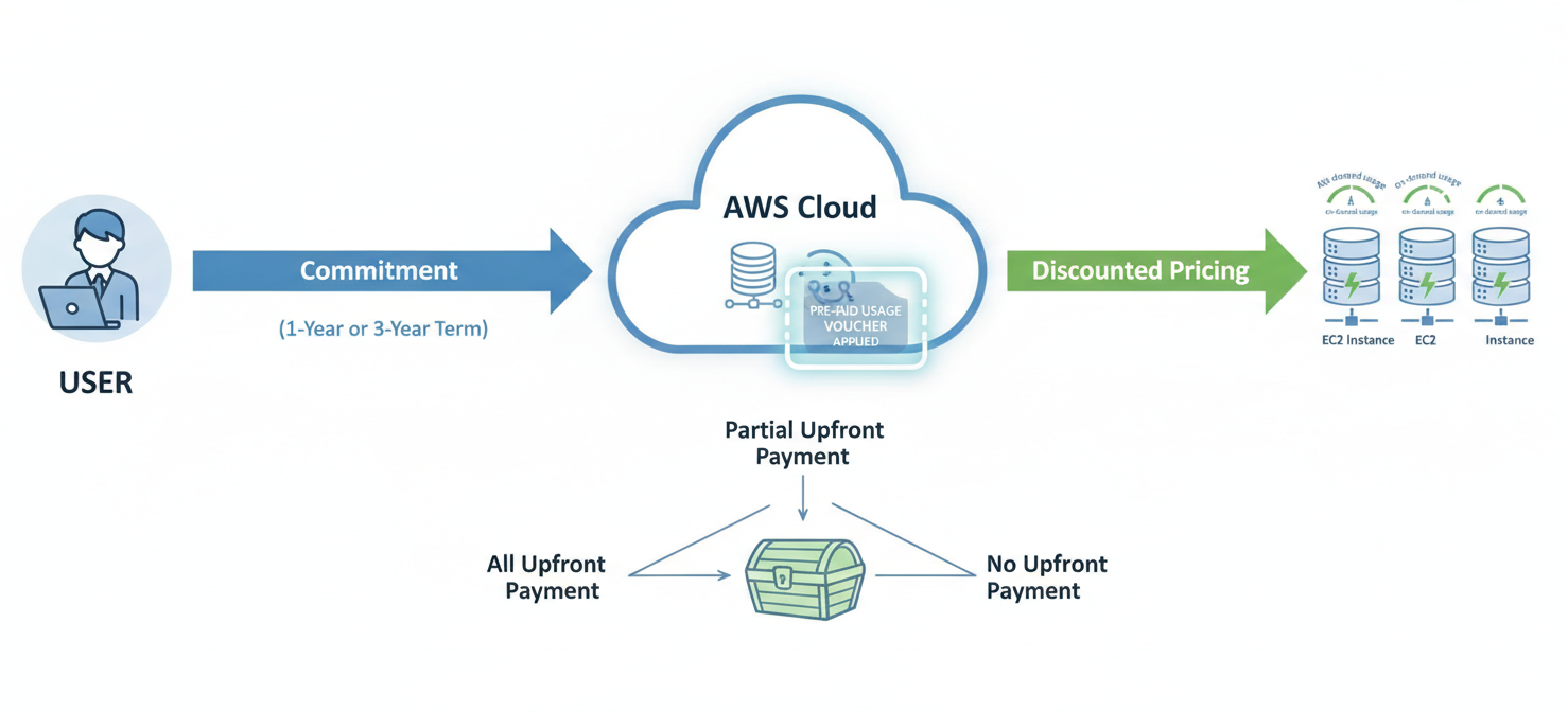 A diagram explaining how AWS Reserved Instances work, showing a commitment from the user to AWS in exchange for a billing discount applied to matching on-demand instances. It highlights the concept of pre-purchasing capacity and different payment options like All Upfront, Partial Upfront, and No Upfront.