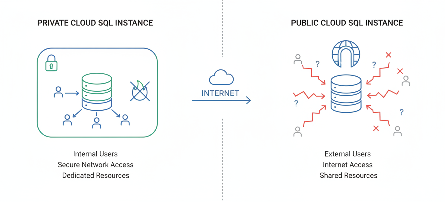 A diagram illustrating a public cloud SQL instance, showing a database icon directly exposed to the internet, contrasting with a private instance securely contained within a virtual private cloud. This highlights how easy configuration mistakes can lead to unintended public access.
