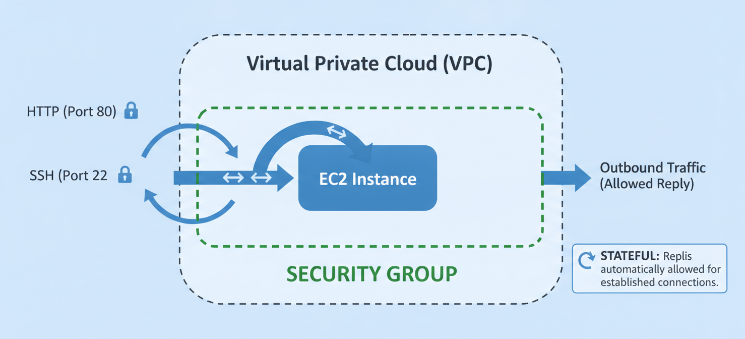 A diagram illustrating an EC2 instance within a VPC, protected by a security group. It shows how the security group acts as a stateful filter, allowing specific inbound traffic like HTTP and SSH, and automatically permitting corresponding outbound responses.