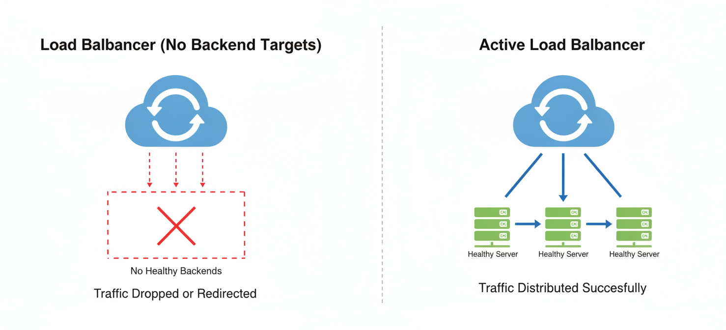 A diagram illustrating an unused load balancer, showing it as a network device with no active backend servers or virtual machines connected to its output, highlighting its idle state.