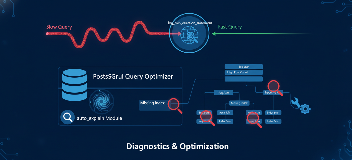 A diagram illustrating how specific postgresql log flags contribute to performance tuning, showing `log_min_duration_statement` identifying slow queries and the `auto_explain` module analyzing execution plans to pinpoint performance bottlenecks for optimization.