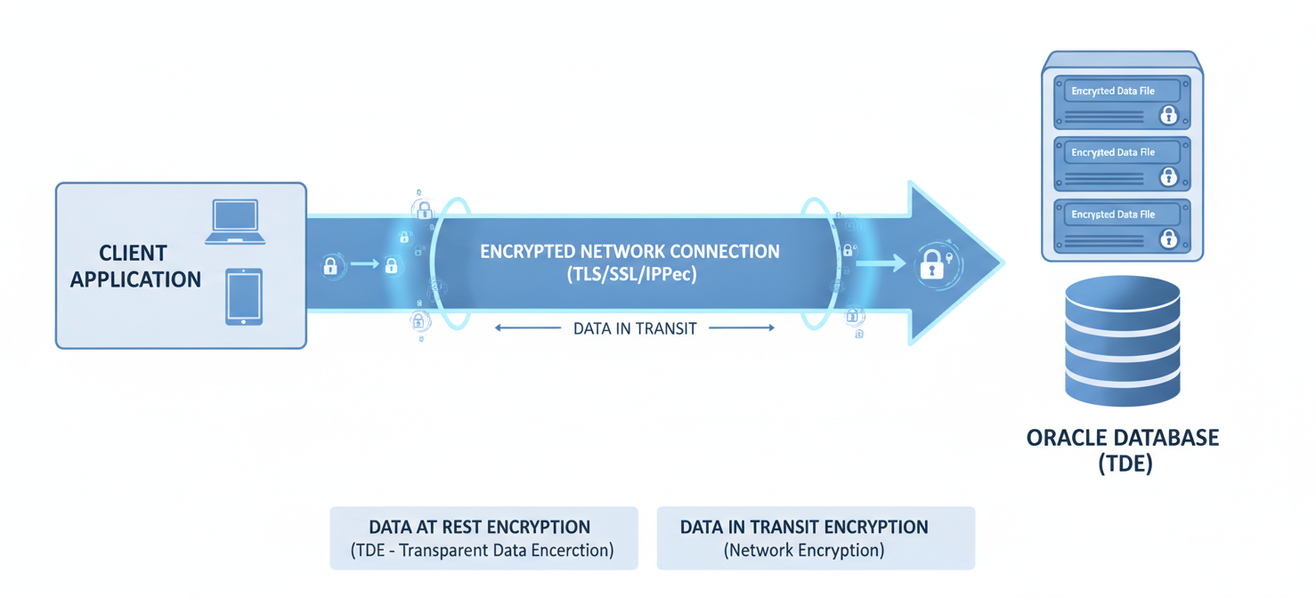 A diagram illustrating robust Oracle database security through encryption, showing data protected both at rest within the server's storage (Transparent Data Encryption) and in transit over the network (Network Encryption) to prevent eavesdropping.