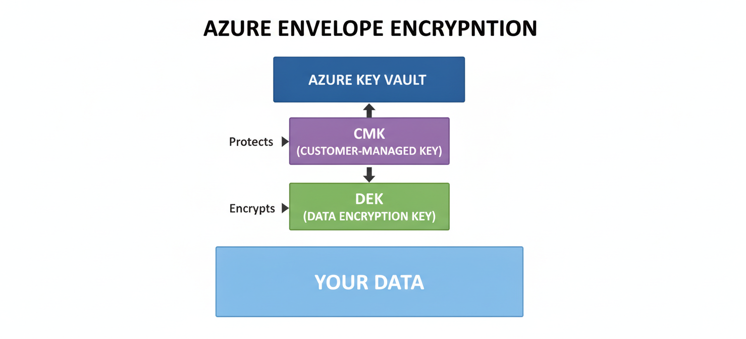 A diagram illustrating the concept of envelope encryption. It shows data encrypted by a Data Encryption Key (DEK), which is then itself encrypted by a Customer-Managed Key (CMK) stored securely in Azure Key Vault, demonstrating a layered approach to data protection.