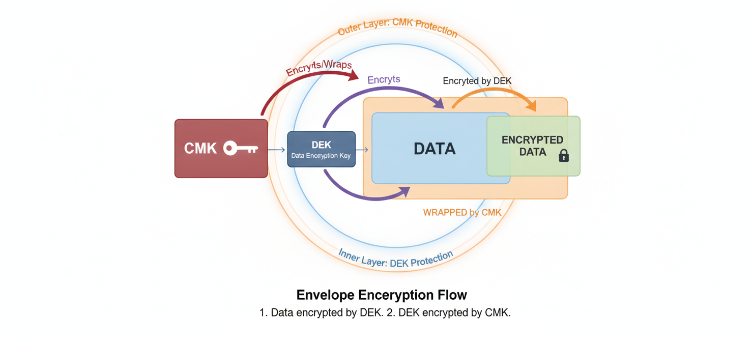 A diagram illustrating the concept of envelope encryption, showing how data is encrypted by a Data Encryption Key (DEK), which is then itself encrypted by a Customer-Managed Encryption Key (CMK) for an added layer of security.