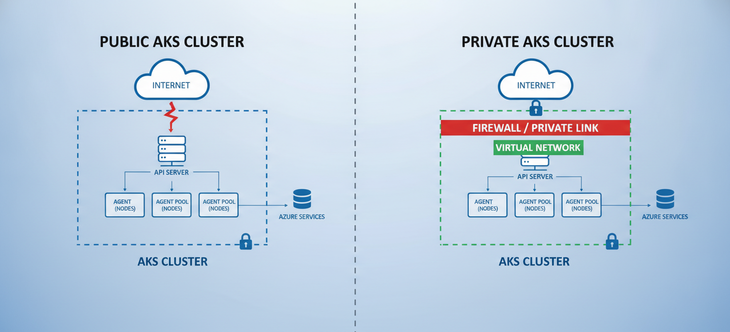 A diagram illustrating the difference between public and private AKS clusters. The public cluster shows the API server directly exposed to the internet, while the private cluster depicts the API server securely isolated within a private virtual network, significantly reducing its attack surface.