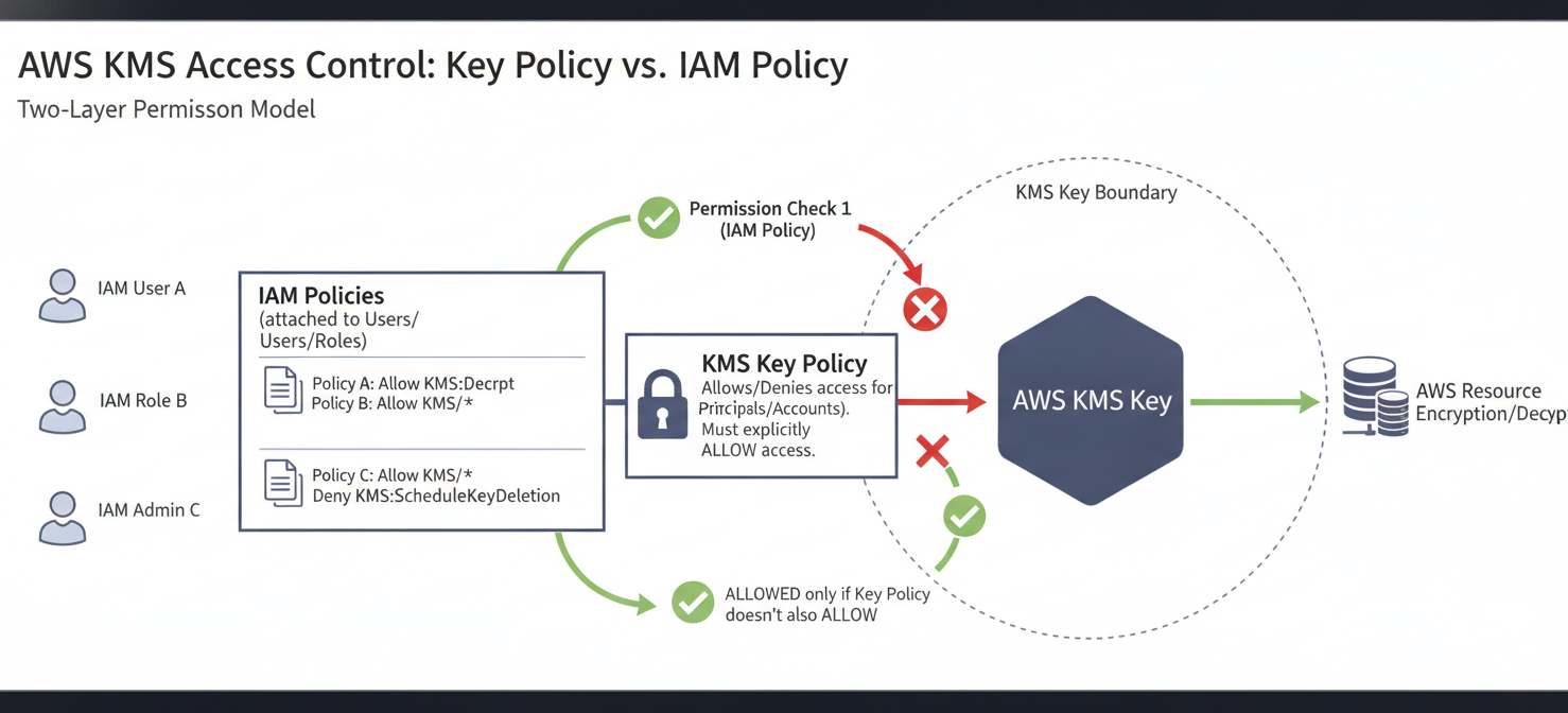 A diagram illustrating the hierarchical relationship between AWS KMS Key Policies and IAM Policies, showing how a Key Policy acts as the primary gatekeeper for a KMS key, with IAM Policies granting permissions to users or roles only if the Key Policy permits it.