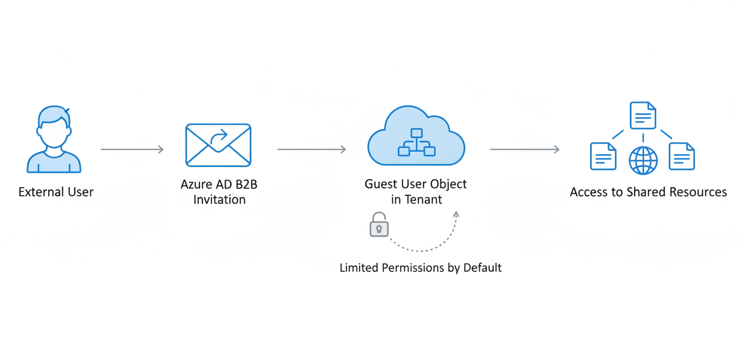 A diagram illustrating the lifecycle of an Azure AD guest user, from invitation and creation of a guest user object within the tenant to gaining limited access to shared resources. It highlights the default security measures that restrict broad directory enumeration.