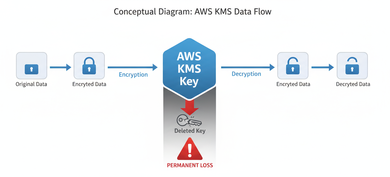 A diagram illustrating the lifecycle of data encryption with AWS KMS, showing how data is encrypted and decrypted by a KMS key, and the critical risk of permanent data loss if the key is deleted.