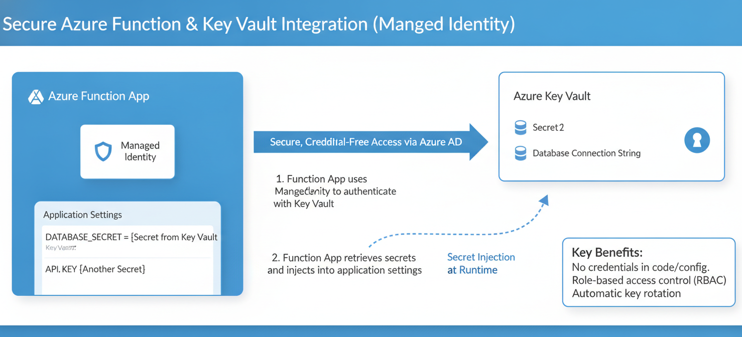 A diagram illustrating the secure integration of Azure Functions with Azure Key Vault. It shows an Azure Function using its Managed Identity to authenticate with Key Vault, which then securely injects secrets into the function's application settings at runtime, eliminating the need to store credentials in code.