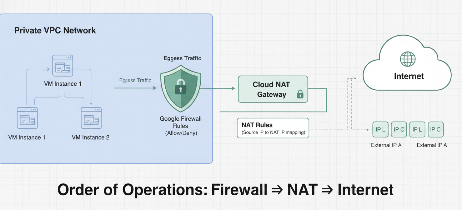A diagram illustrating the security controls of Google Cloud NAT, showing how egress firewall rules are applied to internal traffic before it reaches the NAT gateway. It also depicts the role of NAT Rules in providing granular control over external IP address allocation based on destination, enhancing the overall network security posture.