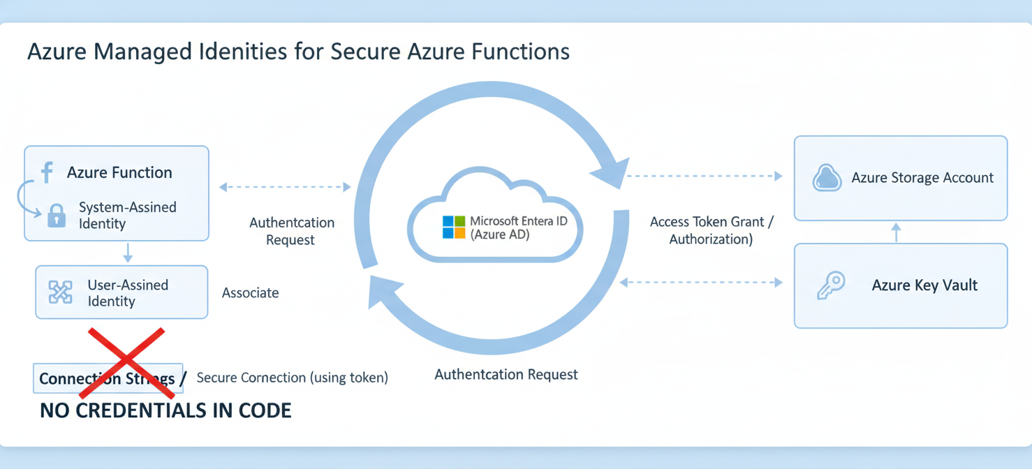 A diagram illustrating the use of Managed Identities for Azure Functions, showing how a function authenticates with Microsoft Entra ID to securely access other Azure services like Storage and Key Vault without storing credentials in code. It visually distinguishes between system-assigned and user-assigned identities.