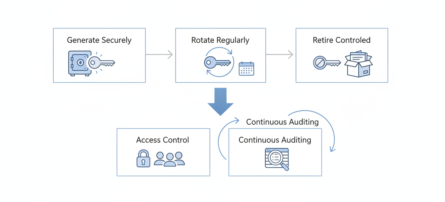 A diagram outlining best practices for managing customer-managed keys, covering the entire key lifecycle. It illustrates secure key generation, regular key rotation to enhance security, and controlled key retirement processes. Additionally, it emphasizes the importance of strict access control policies based on least privilege and continuous auditing of key usage through logs.